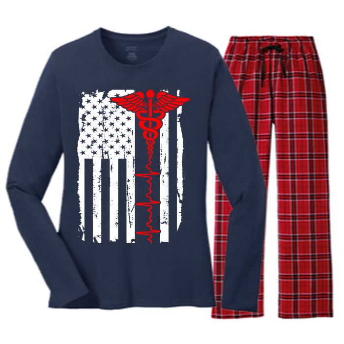 Healthcare Front line US Flag Women's Long Sleeve Flannel Pajama Set 