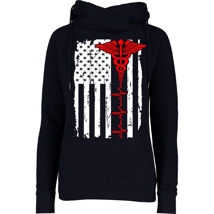 Healthcare Front line US Flag Womens Funnel Neck Pullover Hood