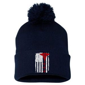 Healthcare Front line US Flag Pom Pom 12in Knit Beanie