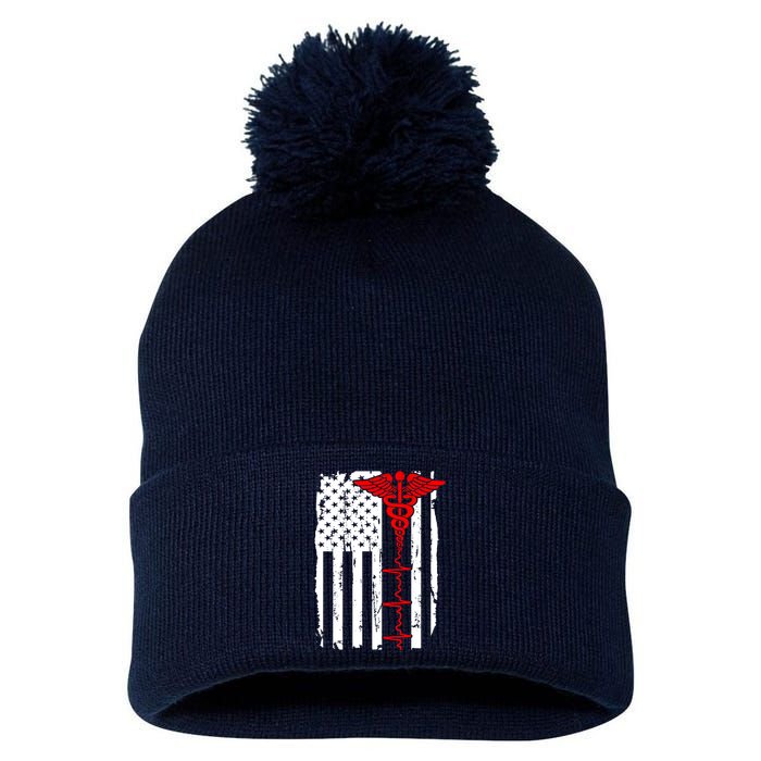 Healthcare Front line US Flag Pom Pom 12in Knit Beanie