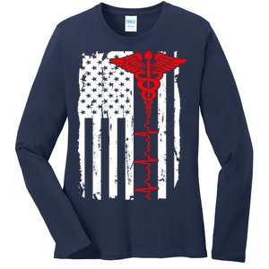 Healthcare Front line US Flag Ladies Long Sleeve Shirt