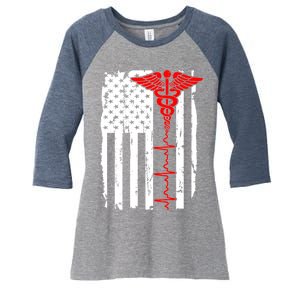 Healthcare Front line US Flag Women's Tri-Blend 3/4-Sleeve Raglan Shirt