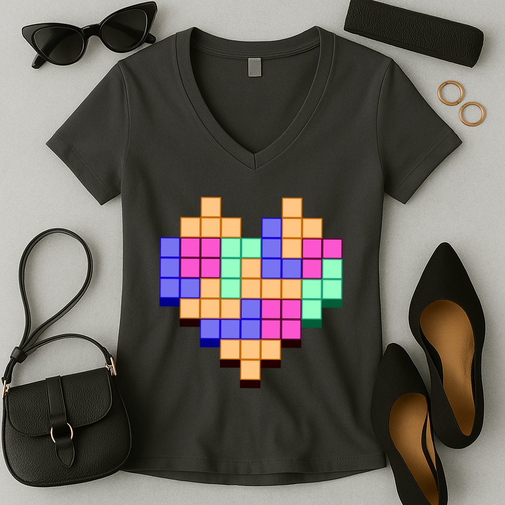 Heart Block Game Valentine's Day Gamer Love Women's V-Neck T-Shirt