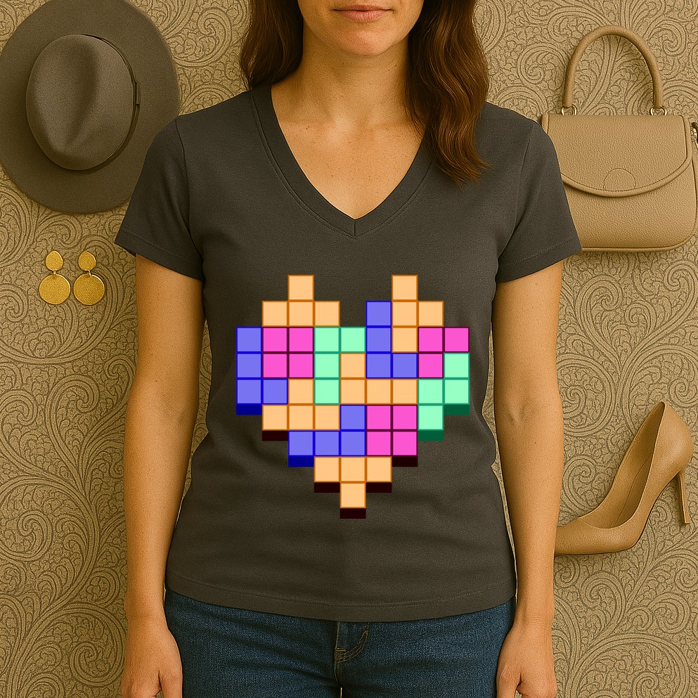 Heart Block Game Valentine's Day Gamer Love Women's V-Neck T-Shirt