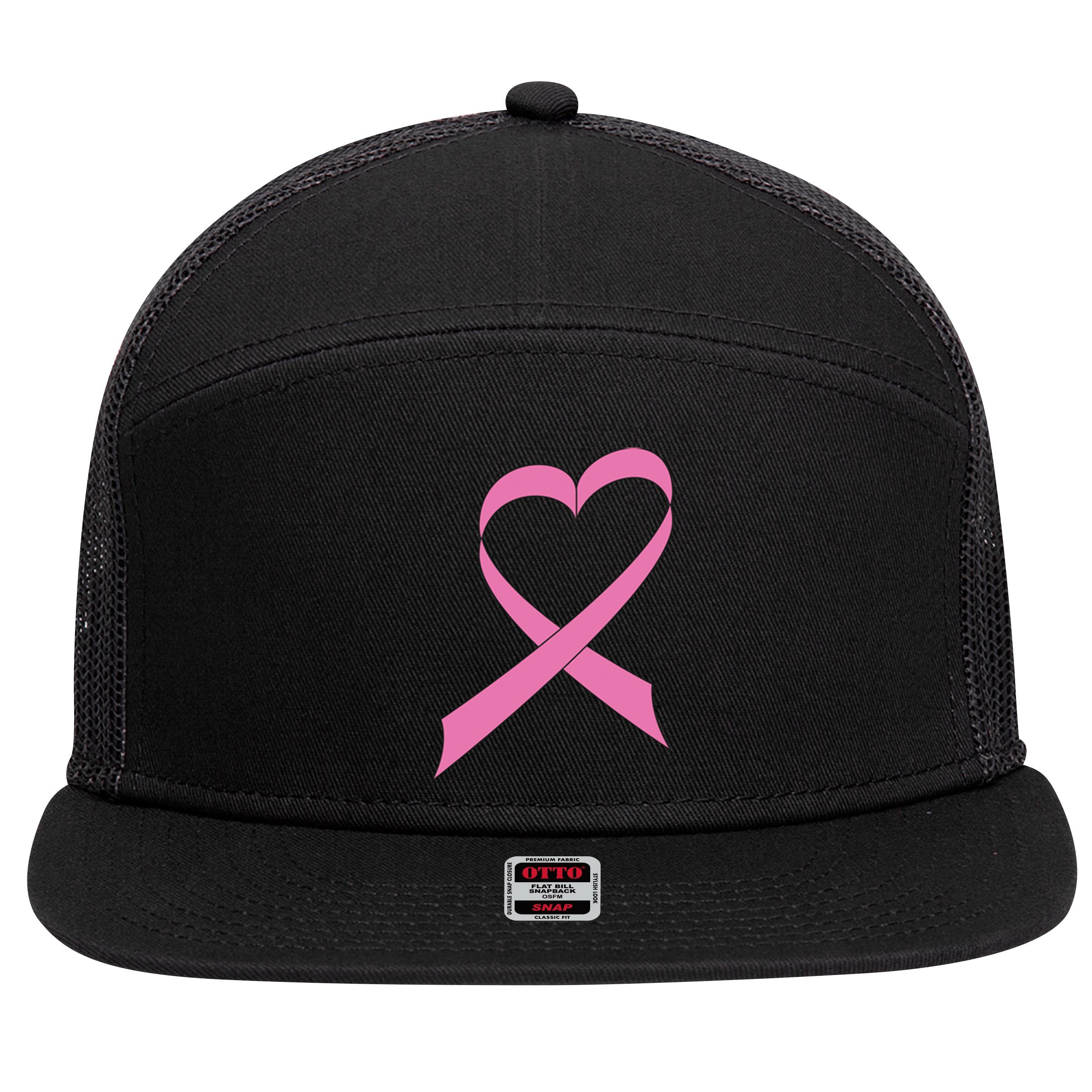Heart Breast Cancer Ribbon 7 Panel Mesh Trucker Snapback Hat