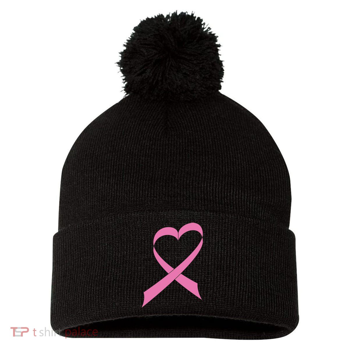 Heart Breast Cancer Ribbon Pom Pom 12in Knit Beanie