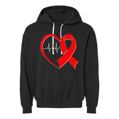 Heart Disease Health Awareness Heartbeat Red Ribbon Garment-Dyed Fleece Hoodie