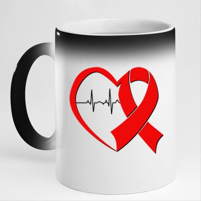 Heart Disease Health Awareness Heartbeat Red Ribbon 11oz Black Color Changing Mug