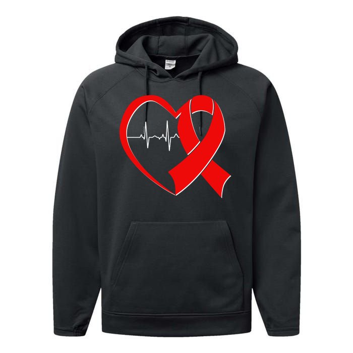 Heart Disease Health Awareness Heartbeat Red Ribbon Performance Fleece Hoodie