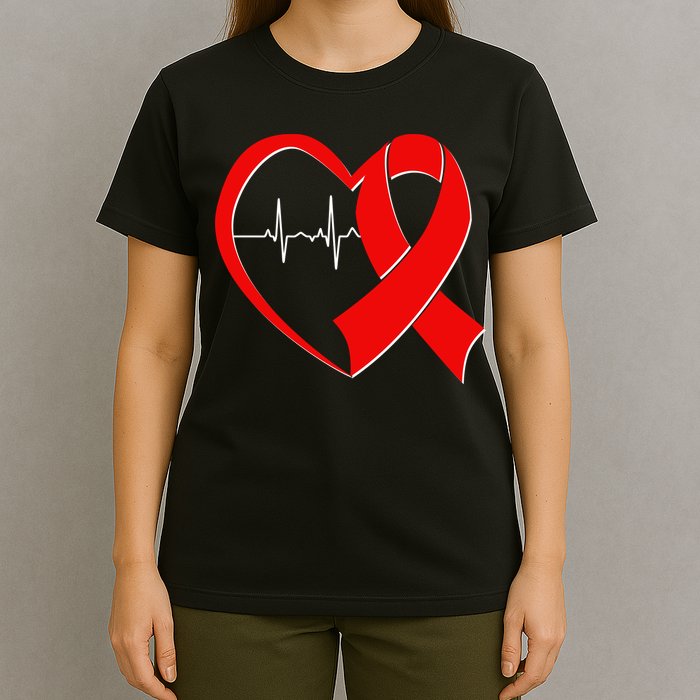 Heart Disease Health Awareness Heartbeat Red Ribbon T-Shirt