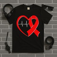 Heart Disease Health Awareness Heartbeat Red Ribbon T-Shirt