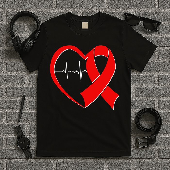 Heart Disease Health Awareness Heartbeat Red Ribbon T-Shirt