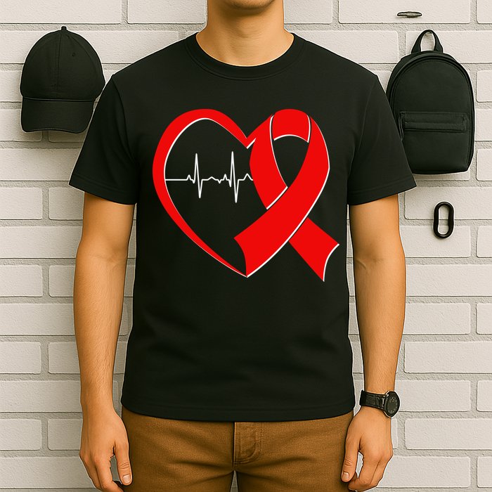 Heart Disease Health Awareness Heartbeat Red Ribbon T-Shirt
