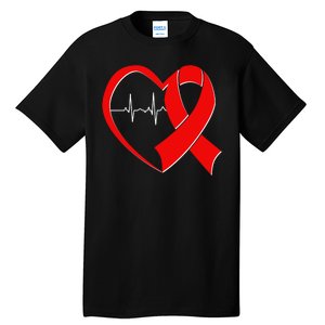 Heart Disease Health Awareness Heartbeat Red Ribbon Tall T-Shirt