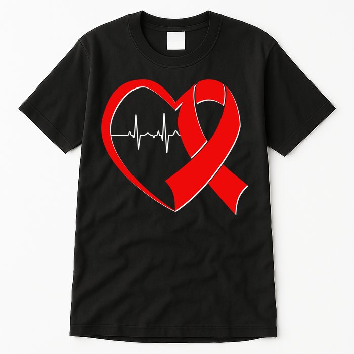 Heart Disease Health Awareness Heartbeat Red Ribbon Tall T-Shirt