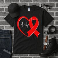 Heart Disease Health Awareness Heartbeat Red Ribbon Tall T-Shirt