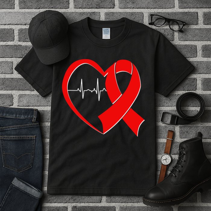 Heart Disease Health Awareness Heartbeat Red Ribbon Tall T-Shirt