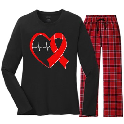 Heart Disease Health Awareness Heartbeat Red Ribbon Women's Long Sleeve Flannel Pajama Set 