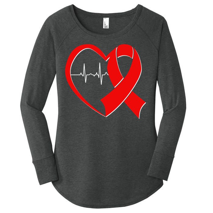 Heart Disease Health Awareness Heartbeat Red Ribbon Women's Perfect Tri Tunic Long Sleeve Shirt