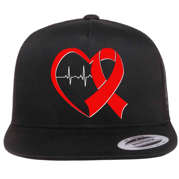 Heart Disease Health Awareness Heartbeat Red Ribbon Flat Bill Trucker Hat