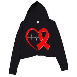 Heart Disease Health Awareness Heartbeat Red Ribbon Crop Fleece Hoodie