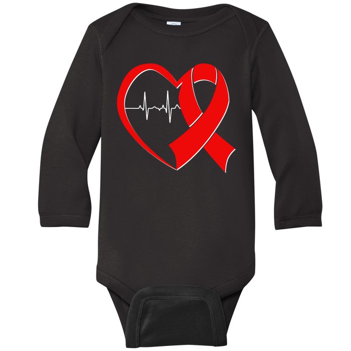 Heart Disease Health Awareness Heartbeat Red Ribbon Baby Long Sleeve Bodysuit