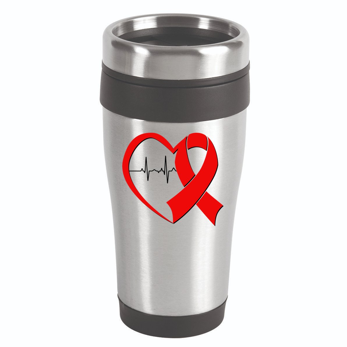 Heart Disease Health Awareness Heartbeat Red Ribbon 16oz Travel Tumbler