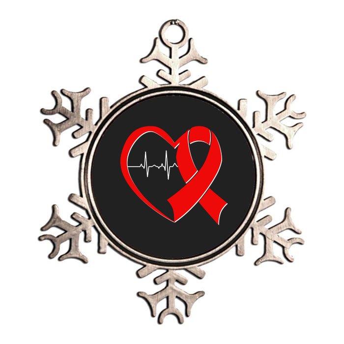 Heart Disease Health Awareness Heartbeat Red Ribbon Metallic Star Ornament