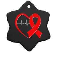 Heart Disease Health Awareness Heartbeat Red Ribbon Ceramic Star Ornament