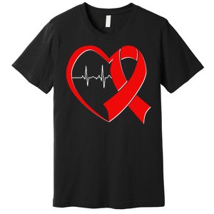 Heart Disease Health Awareness Heartbeat Red Ribbon Premium T-Shirt