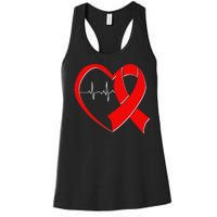 Heart Disease Health Awareness Heartbeat Red Ribbon Women's Racerback Tank