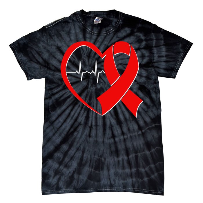 Heart Disease Health Awareness Heartbeat Red Ribbon Tie-Dye T-Shirt