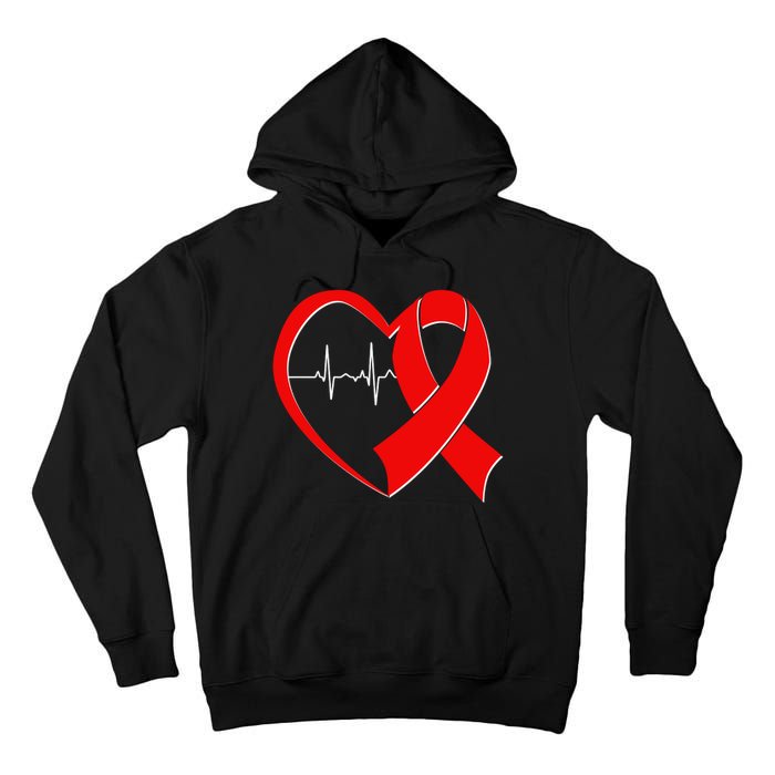 Heart Disease Health Awareness Heartbeat Red Ribbon Tall Hoodie