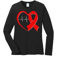 Heart Disease Health Awareness Heartbeat Red Ribbon Ladies Long Sleeve Shirt