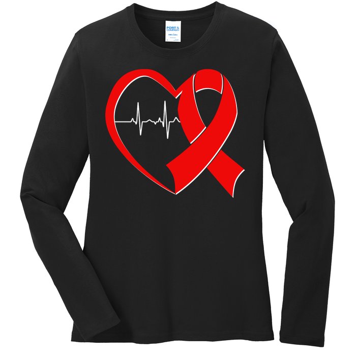 Heart Disease Health Awareness Heartbeat Red Ribbon Ladies Long Sleeve Shirt