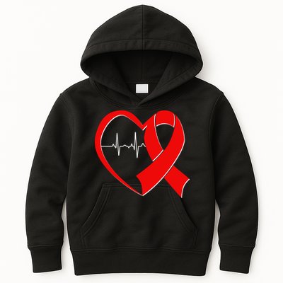 Heart Disease Health Awareness Heartbeat Red Ribbon Kids Hoodie