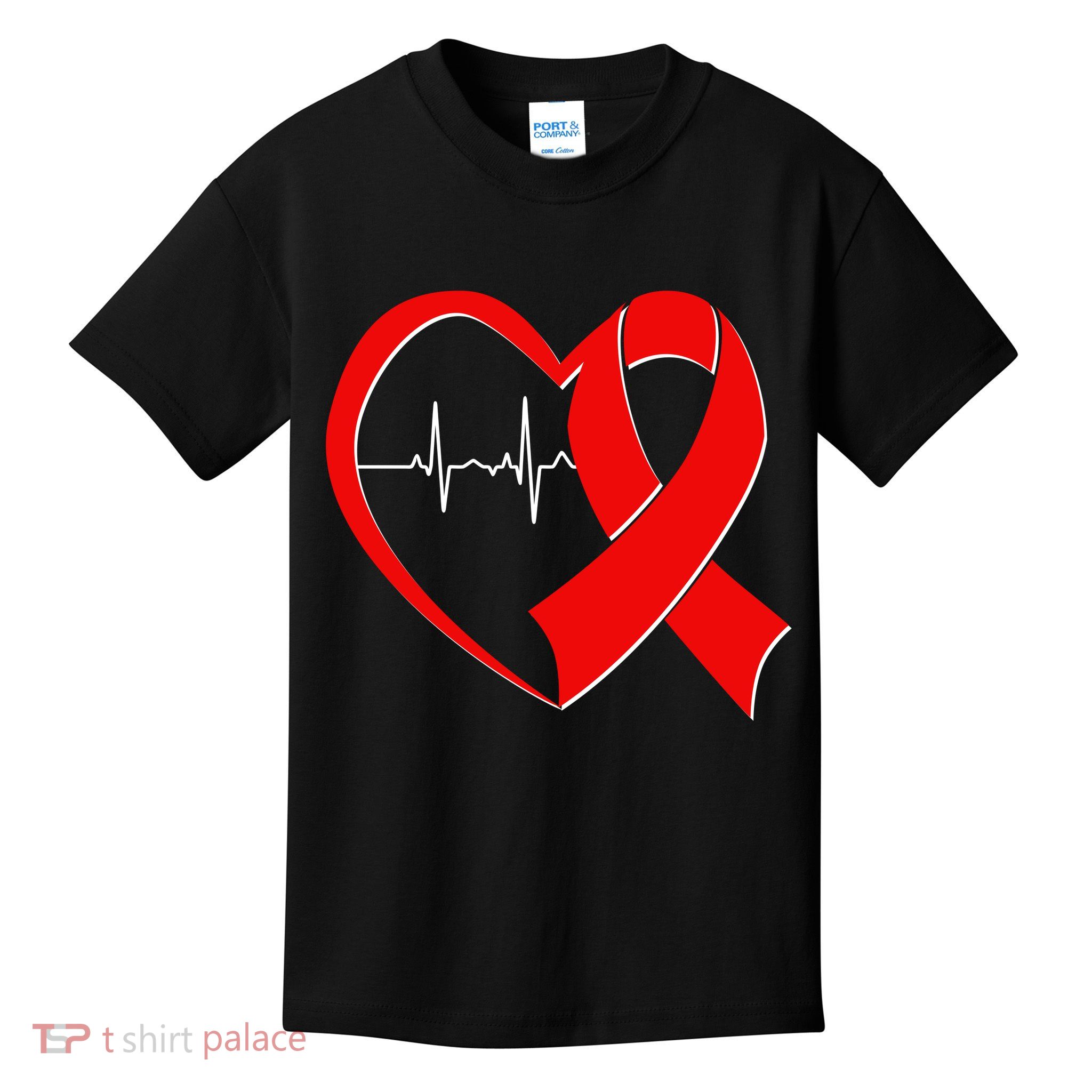 Heart Disease Health Awareness Heartbeat Red Ribbon Kids T-Shirt