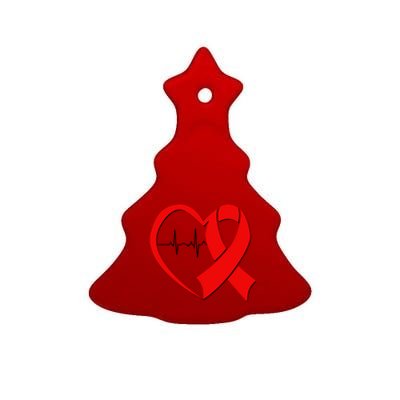 Heart Disease Health Awareness Heartbeat Red Ribbon Ceramic Tree Ornament