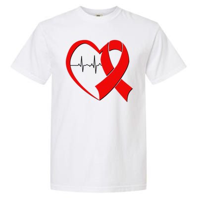 Heart Disease Health Awareness Heartbeat Red Ribbon Garment-Dyed Heavyweight T-Shirt