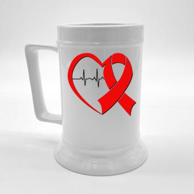 Heart Disease Health Awareness Heartbeat Red Ribbon Beer Stein