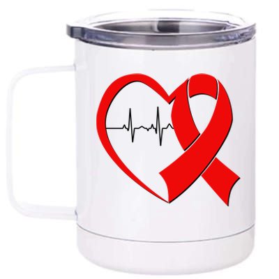 Heart Disease Health Awareness Heartbeat Red Ribbon 12 oz Stainless Steel Tumbler Cup