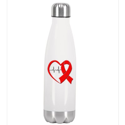 Heart Disease Health Awareness Heartbeat Red Ribbon Stainless Steel Insulated Water Bottle