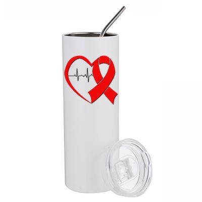 Heart Disease Health Awareness Heartbeat Red Ribbon Stainless Steel Tumbler