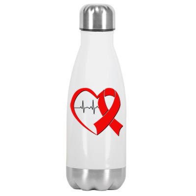 Heart Disease Health Awareness Heartbeat Red Ribbon Stainless Steel Insulated Water Bottle