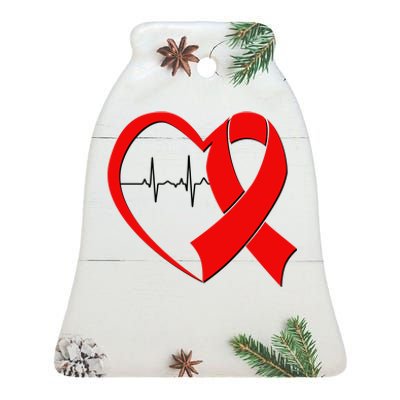 Heart Disease Health Awareness Heartbeat Red Ribbon Ceramic Bell Ornament