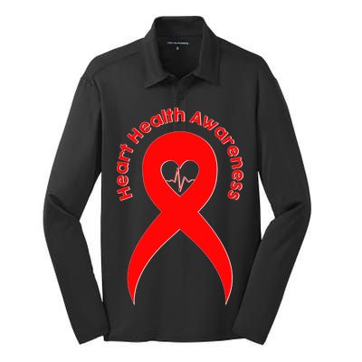 Heart Health Awareness Red Ribbon Silk Touch Performance Long Sleeve Polo