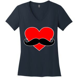 Heart Mustache Funny Valentine's Day Logo Women's V-Neck T-Shirt