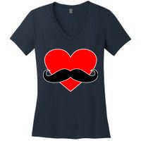 Heart Mustache Funny Valentine's Day Logo Women's V-Neck T-Shirt