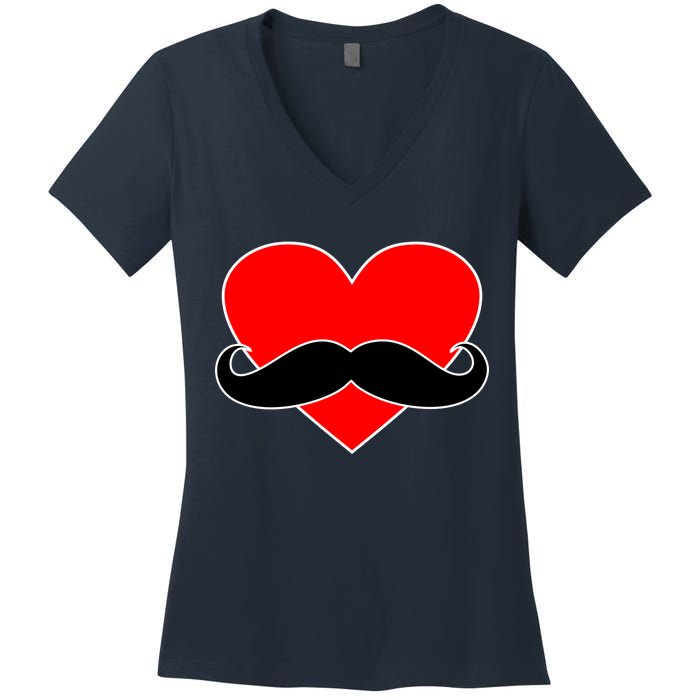 Heart Mustache Funny Valentine's Day Logo Women's V-Neck T-Shirt