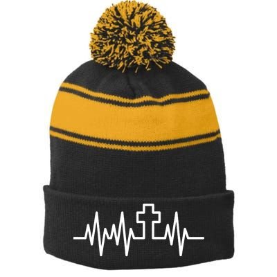 Heartbeat Cross Stripe Pom Pom Beanie